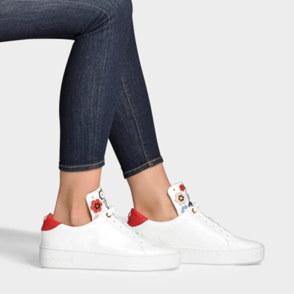 MICHAEL Michael Kors Mindy Floral Embellished White/Red Leather Sneakers - Picture 1 of 14